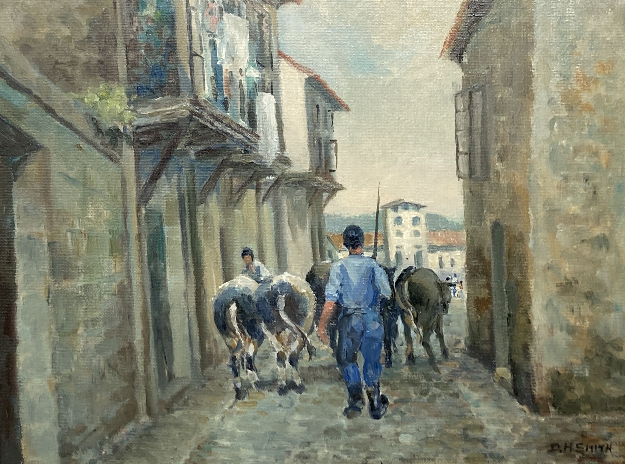 D. H. Smith, oil on board, Cow herd in an Italian street, signed, 34 x 44cm